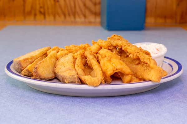 fried baby flounder and baby shrimp