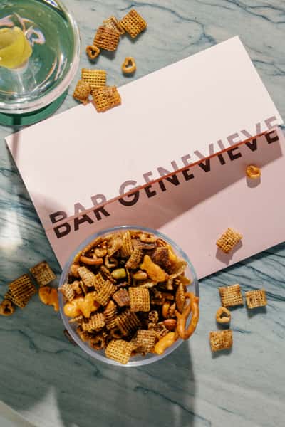 bar genevieve menu with homemade chex mix