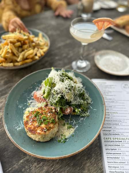Crab cake salad and fries