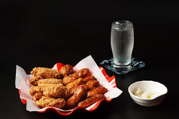 Chicken wings and water