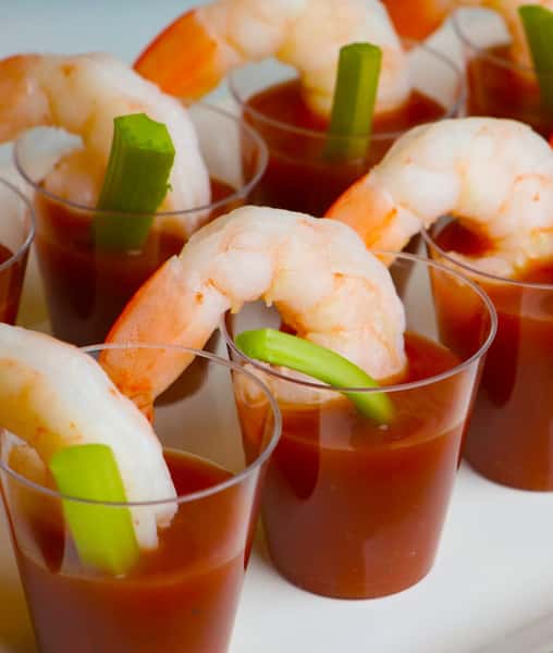 close up of shrimp and bloody mary drink