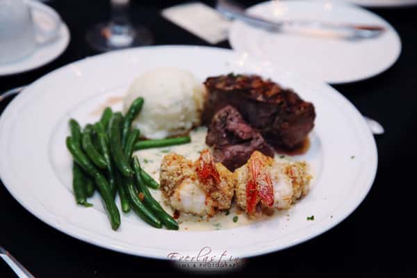 steak and seafood on plate