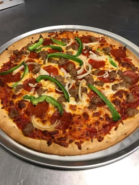 cheese pizza topped with sausage, peppers, and onions