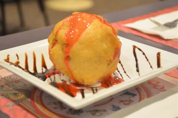fried ice cream with strawberry syrup and chocolate syrup