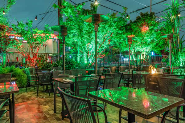 outdoor seating area at night