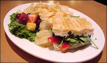 grilled sandwich with potato chips and fresh fruit on the side