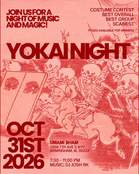 YOKAI NIGHT Halloween party at Umami Birmingham on October 31, 2026, featuring DJ Josh RK, live music, costume contests, prizes, and spooky entertainment from 7:30 to 11 PM."