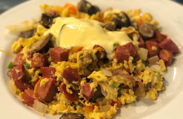 Hot Link Breakfast Scramble with hollandaise