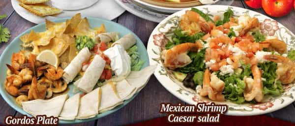 Gordos plate and mexican shrimp caesar salad