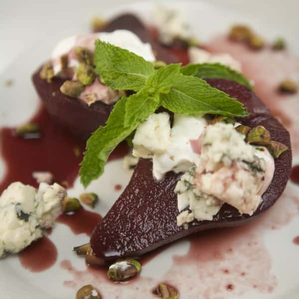 Poached Pear with bleu cheese mousse