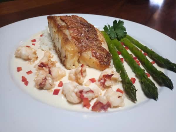 Pan Seared Red Snapper with Sherried Lobster Cream