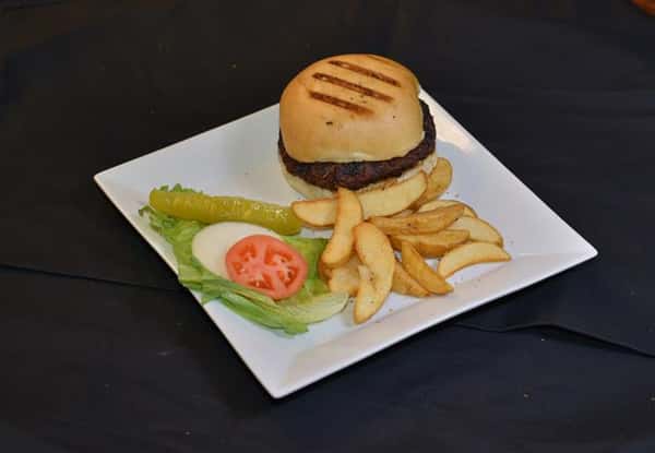 slider with lettuce, tomato and fries on the side