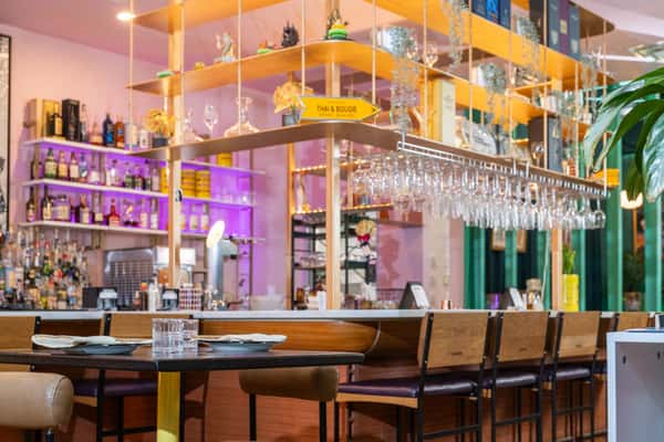 Interior bar area with a decorative area above bar table