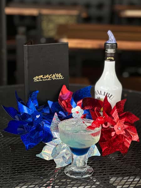 Two cocktails are displayed: one colorful layered drink with cherries. Text: Mr. Jack's Bar and Grill.