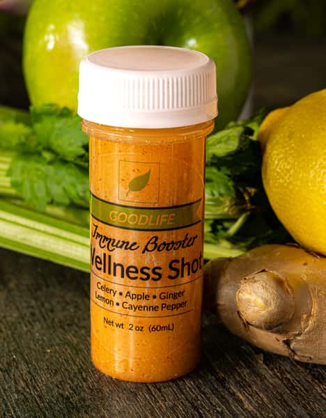 GoodLife Immune Booster Wellness Shot made with celery, apple, ginger, lemon, and cayenne pepper for a spicy health kick.