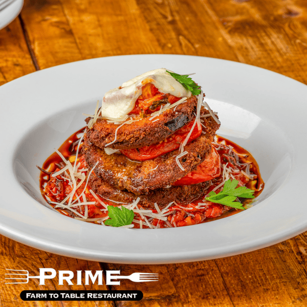 Eggplant Parmesan Napoleon Saturday Brunch Menu Prime Farm to Table Restaurant in Dallas, TX