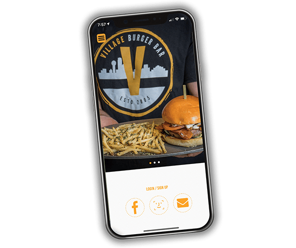 Cell phone with Village Burger Bar app