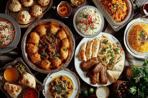 An elaborate spread of traditional Indian cuisine featuring naan, curries, rice dishes, chutneys, and vibrant garnishes.