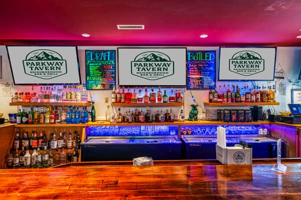 Wide-angle view of the back of the bar