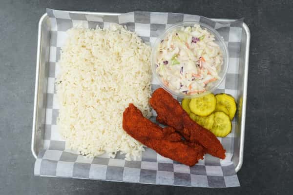 # 3 (TWO TENDERS, RICE, SLAW, PICKLES)