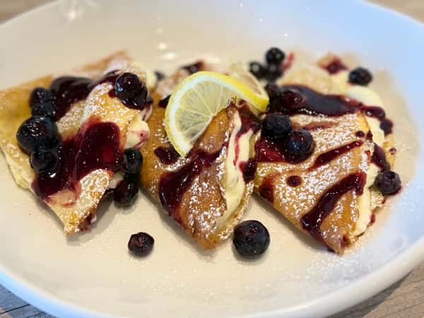 LEMON RICOTTA CREPES W/WILD BLUEBERRIES COMPOTE