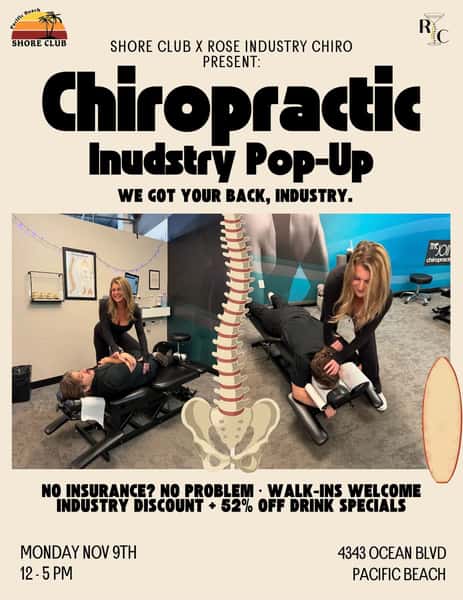 industry monday just got a little adjustment
we’re teaming up with @erose45 for a chiropractic pop up at shore club on monday, november 9th! come get your back right, enjoy some industry drink specials, and let us take care of you
✨ walk-ins welcome
🦴 industry discounts
🍸 52% off drink specials
📍 shore club | 4343 ocean blvd, pacific beach
🗓️ monday, november 9th | 12–5 PM
no insurance? no problem. we got your back, industry. 🫡