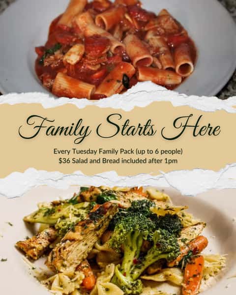 Every Tuesday Special Family Pack Special, FEEDS A FAMILY OF 4-6 Take out only Salad And Bread Included $36.
