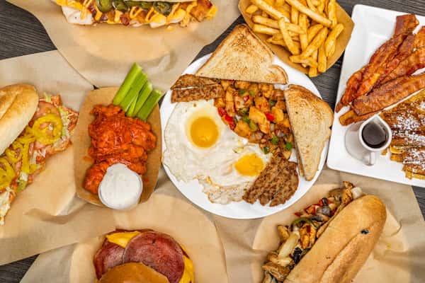 Group shot of breakfast food items