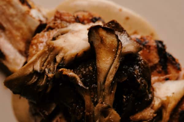 Bone-in pork chop topped with sautéed wild mushrooms over a creamy sauce, showcasing rustic steakhouse flavors.