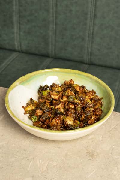Flash fried Brussel sprouts with sticky bourbon glaze