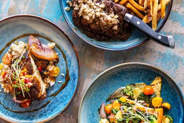 Pan Seared Salmon, Georgia Halibut, Flank Steak and Frites