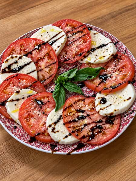 Fresh Mozzarella, vine ripened tomato, basil, balsamic glaze, olive oil, flaked sea salt, parmesan cheese