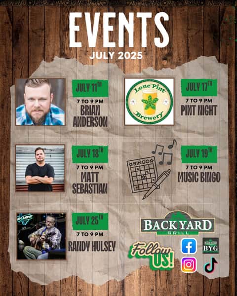 July's is bringing some exciting Events to Backyard Grill, along with an amazing Live Music Line Up we will also be having a Thursday Night Pint Night 🍻 and Saturday Music Bingo 🎶! Get out of the heat and enjoy a Beer and a Burger at one of these fun nights. We hope to see y'all there.