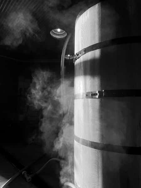 Fogtown's foeder, or upright oak barrel, for fermenting and aging our ciders