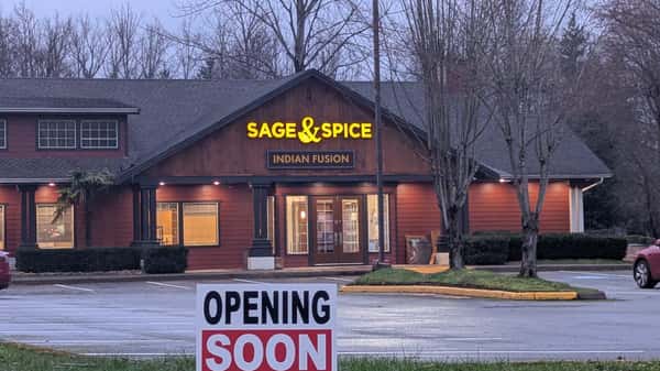 Sage & Spice Building with Opening Soon sign