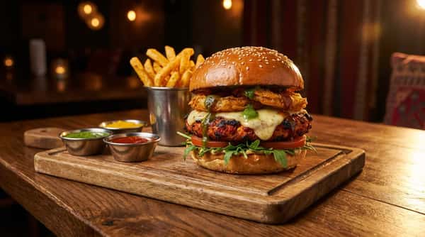 Burger with lettuce, tomato, and cheese served with french fries on a wooden table.