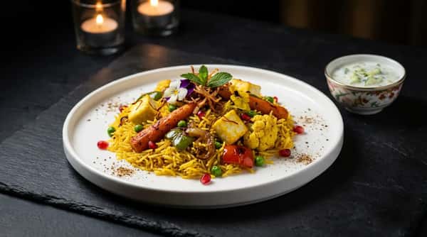 Vegetable biryani rice with paneer, carrots, peas, and yogurt sauce served on a white plate.