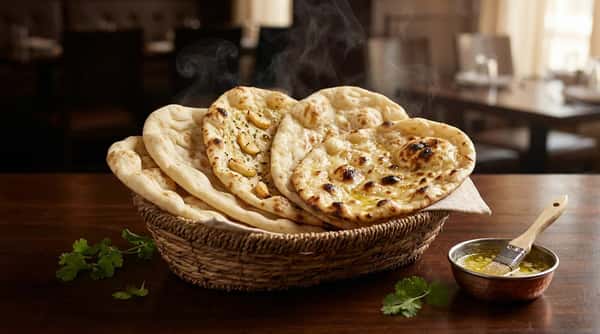 Basket of naan bread with garlic butter served on a wooden table.