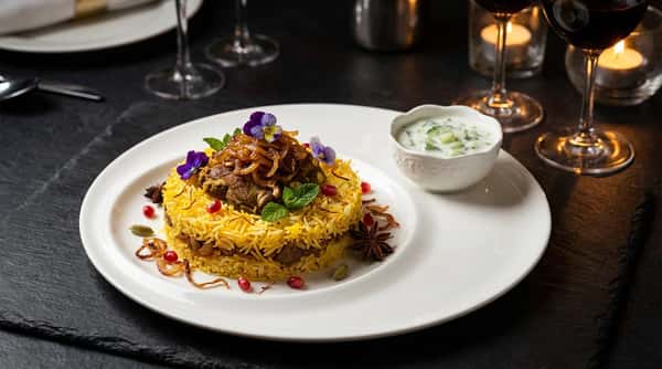 Lamb biryani rice served on a white plate with yogurt sauce on the side.