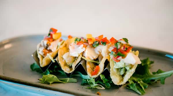 Mini tacos topped with diced vegetables and sauce on a bed of greens.