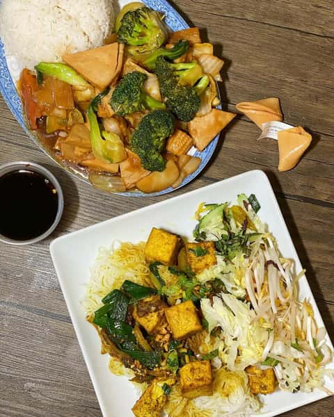 Large plate of healthy Asian food