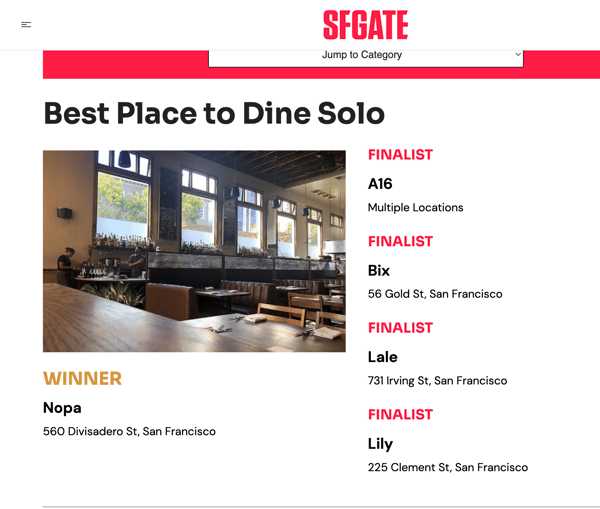 Best Place to Dine Solo Finalist