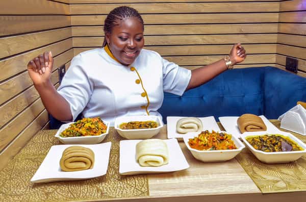 Suya food spread and chef Cecilia