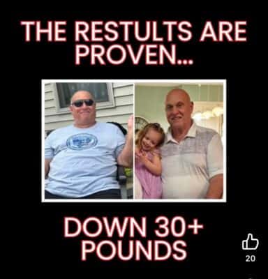Before-and-after photos of a man showing weight loss progress, with text reading "The results are proven… Down 30+ pounds."