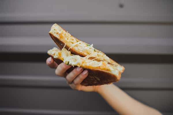 person holding grilled cheese sandwich
