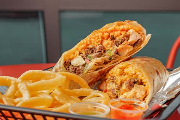 Two delicious Chick and Steak Burritos being served at Señor Burrito Company