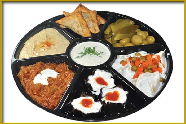 tray with an assortment of food items
