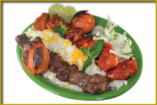 beef and chicken kabobs with rice