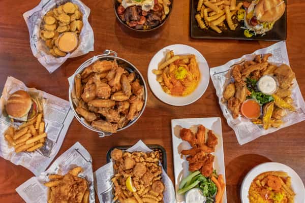 A variety of pub food on a table