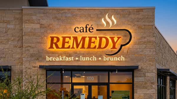 Cafe Remedy storefront featuring the restaurant's illuminated breakfast, lunch and brunch signage.